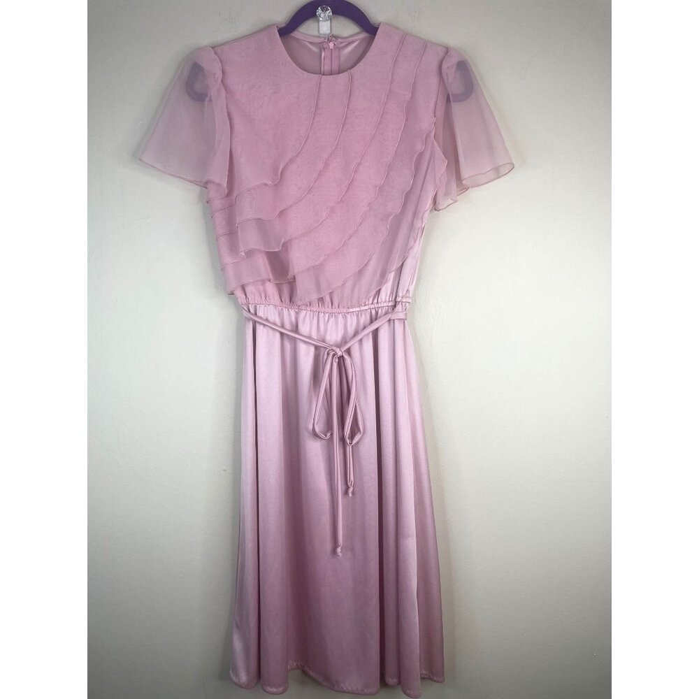 Vintage JC Penney‎ 70s Dress Womens 13 14 Mauve Coquette Ruffled Flutter Sleeve